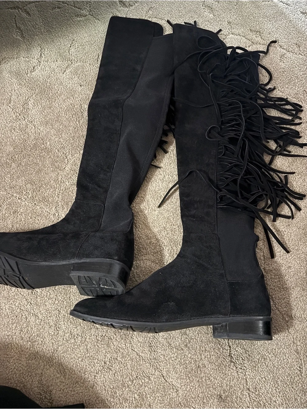 Stuart Weitzman Black Over-the-Knee Fringe Suede Boots